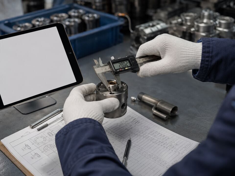 Product dimensions checked with a digital caliper during quality control coordination