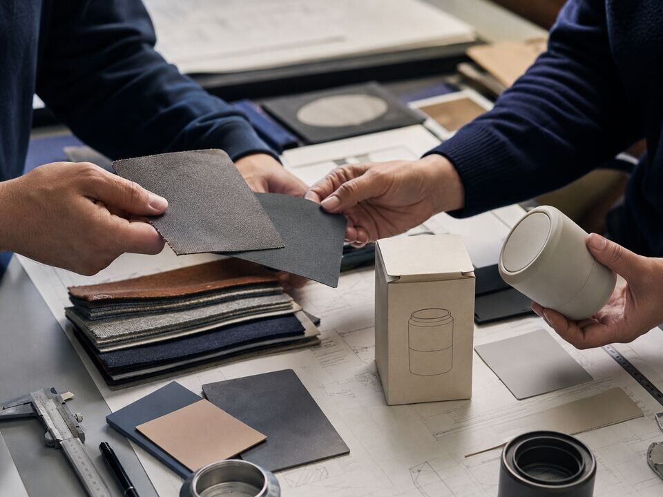Materials packaging prototype and product sample compared during development
